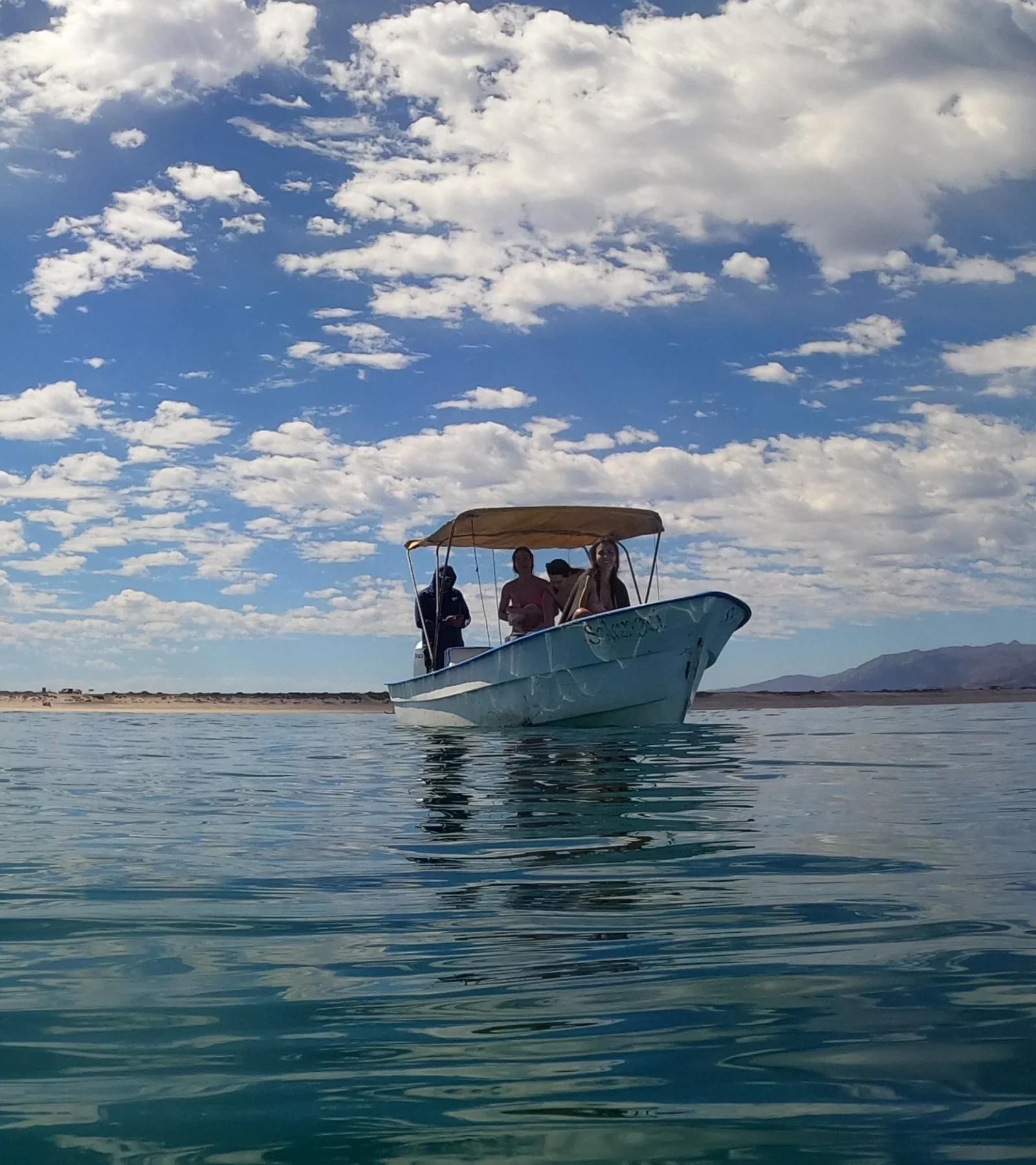 Panga navegando en aguas turquesa del Golfo de California bajo un cielo de nubes