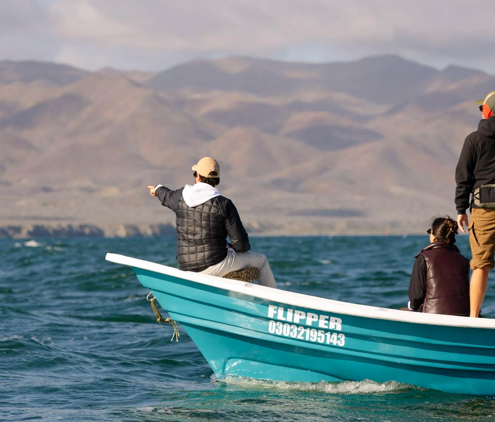 Grupo de viajeros observando desde una panga en las aguas de Bahía Magdalena